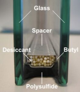 Spacer, glass, desiccant, butyl, polysulfide diagram